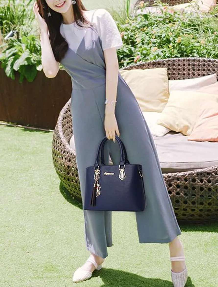Women Soft Synthetic PU Leather Portable Large-capacity Messenger Crossbody Bag 2pcs with Fox tassel