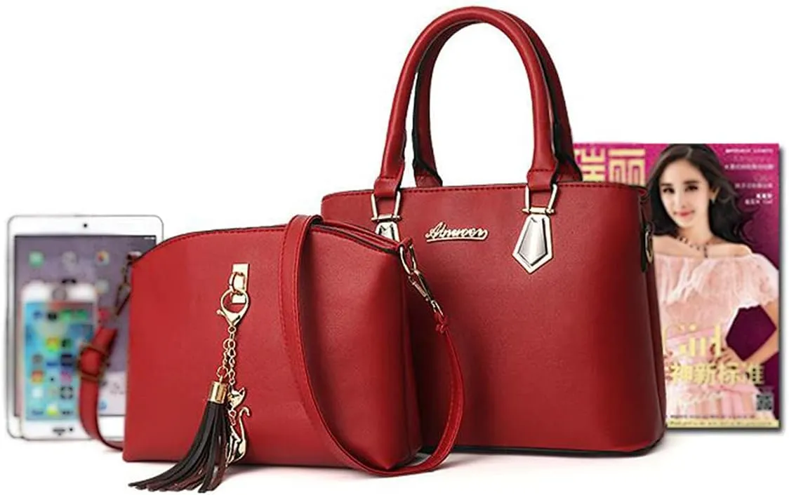 Women Soft Synthetic PU Leather Portable Large-capacity Messenger Crossbody Bag 2pcs with Fox tassel