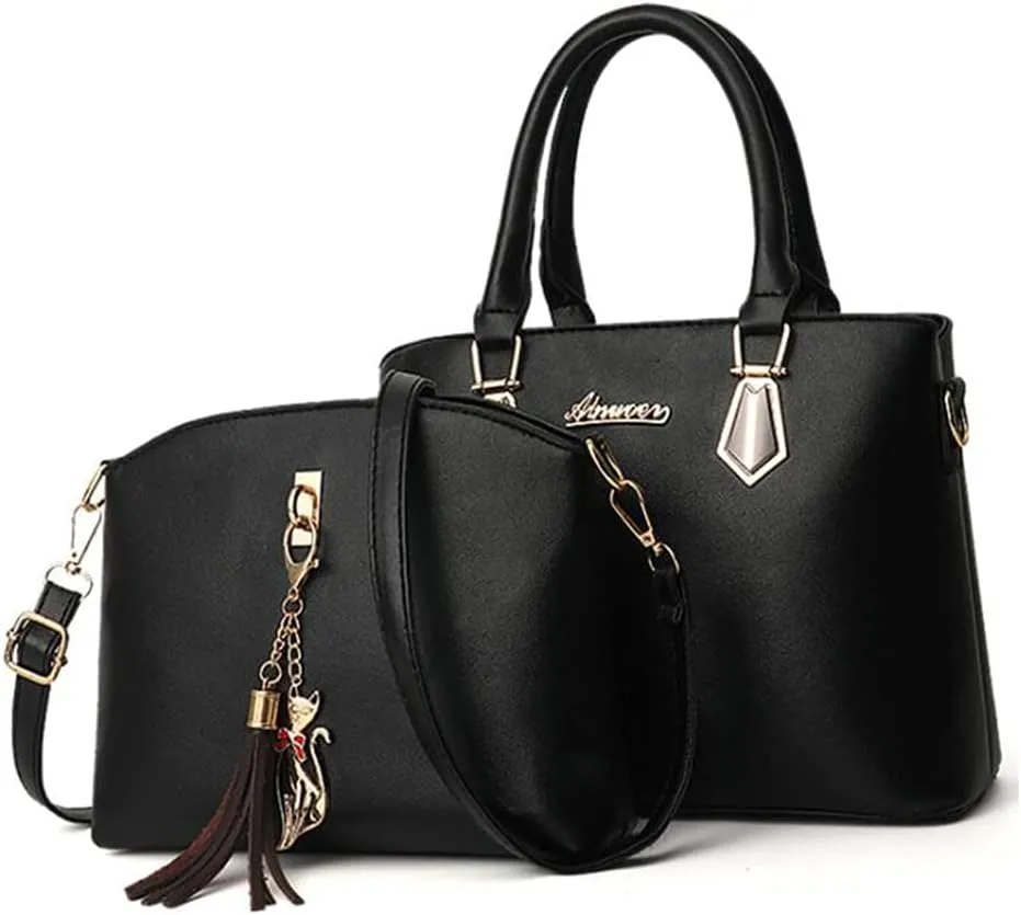 Women Soft Synthetic PU Leather Portable Large-capacity Messenger Crossbody Bag 2pcs with Fox tassel