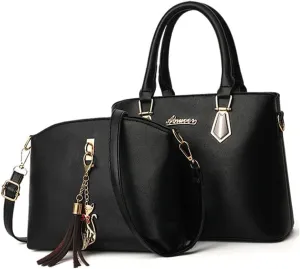 Women Soft Synthetic PU Leather Portable Large-capacity Messenger Crossbody Bag 2pcs with Fox tassel