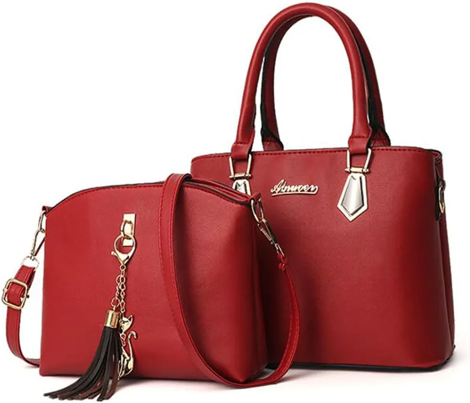 Women Soft Synthetic PU Leather Portable Large-capacity Messenger Crossbody Bag 2pcs with Fox tassel