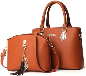 Women Soft Synthetic PU Leather Portable Large-capacity Messenger Crossbody Bag 2pcs with Fox tassel