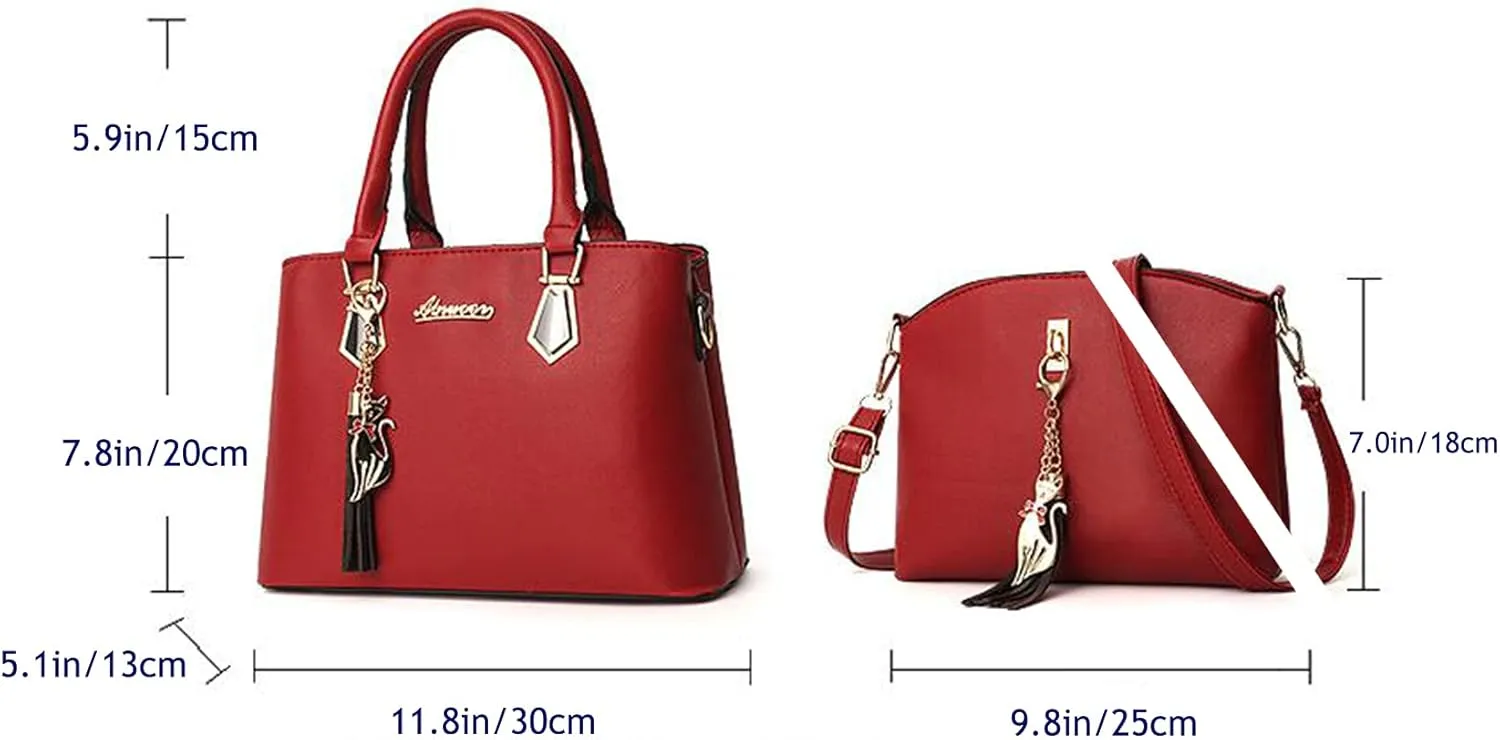 Women Soft Synthetic PU Leather Portable Large-capacity Messenger Crossbody Bag 2pcs with Fox tassel