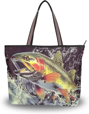 Women Tote Bag Vintage Trout Print for Everyday & Travel, Handbag Purse Reusable Grocery Bag Large