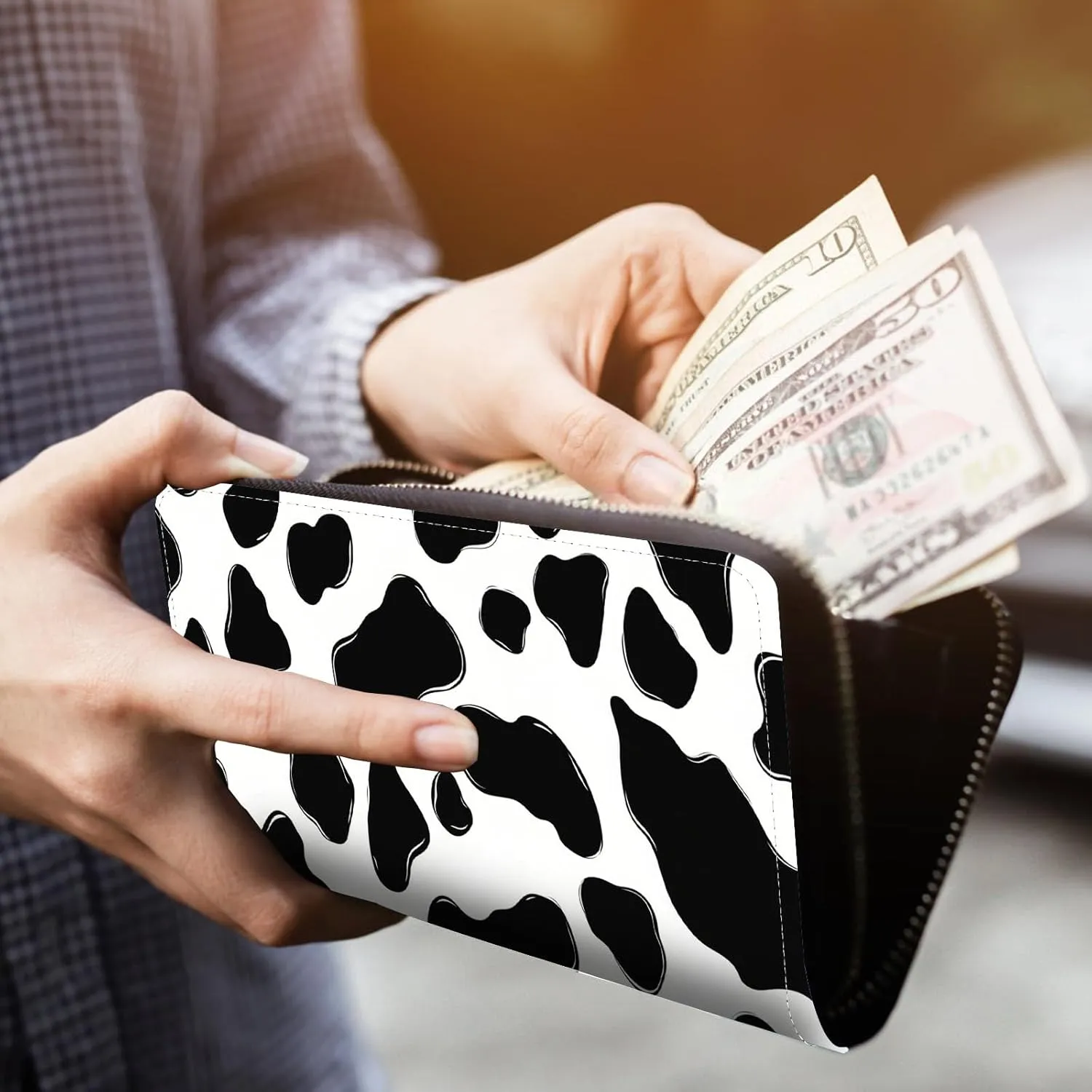 Women Wallet,RFID Blocking Leather Clutch,Large Capacity Zip Around Purse with Multiple Card Slots & Cash Compartments - Cow Pattern