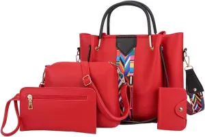 Women's 4-Piece Handbag Set with Colorful Strap, PU Leather Tote, Crossbody, Wallet and Clutch