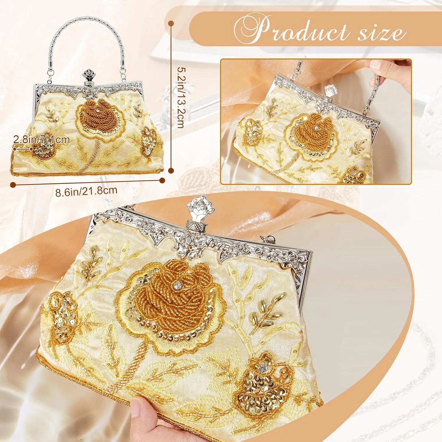 Women's Beaded Clutch Vintage Embroidery Evening Bag Sequin Rhinestone Clutch Purse Floral Crossbody Bag