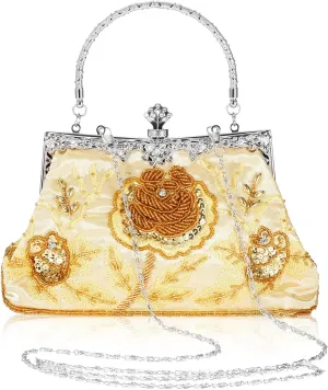 Women's Beaded Clutch Vintage Embroidery Evening Bag Sequin Rhinestone Clutch Purse Floral Crossbody Bag