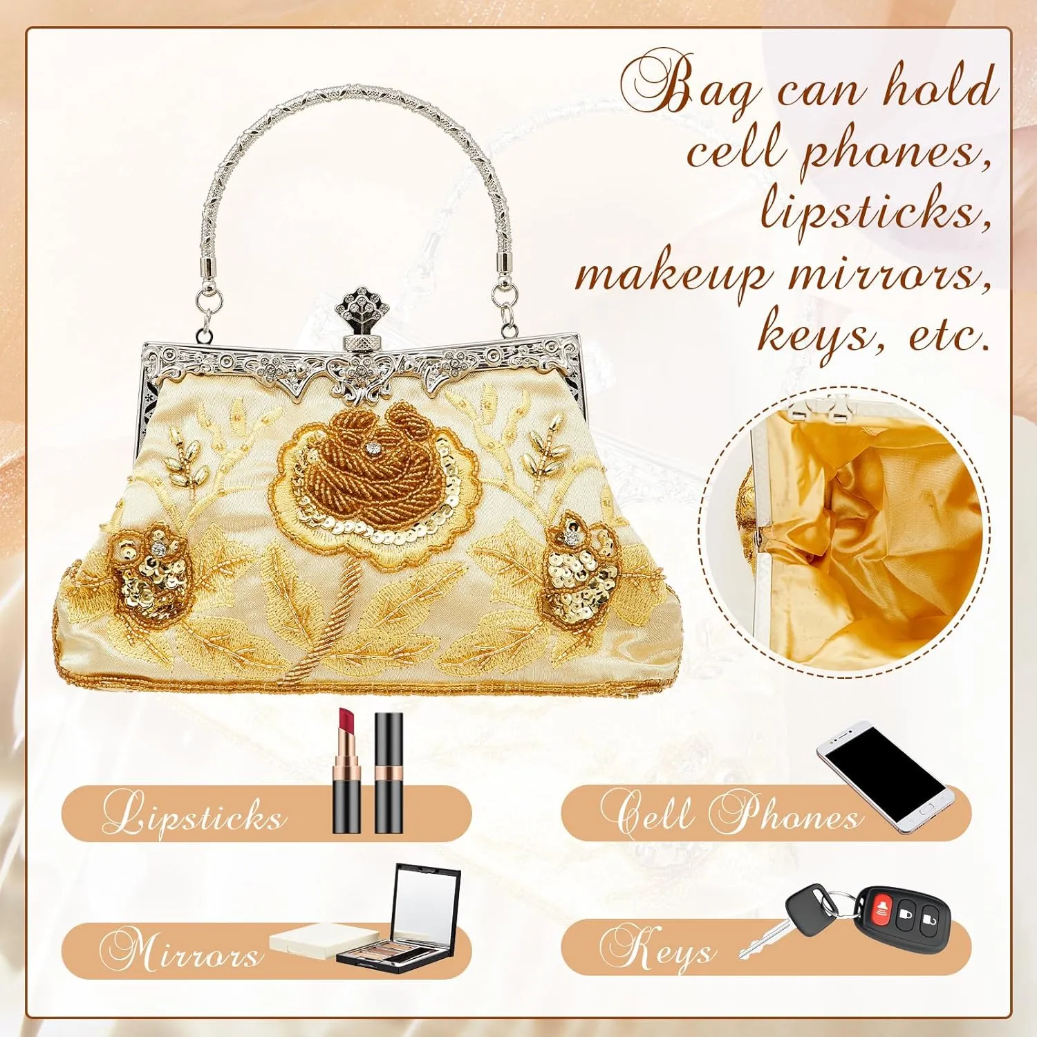 Women's Beaded Clutch Vintage Embroidery Evening Bag Sequin Rhinestone Clutch Purse Floral Crossbody Bag