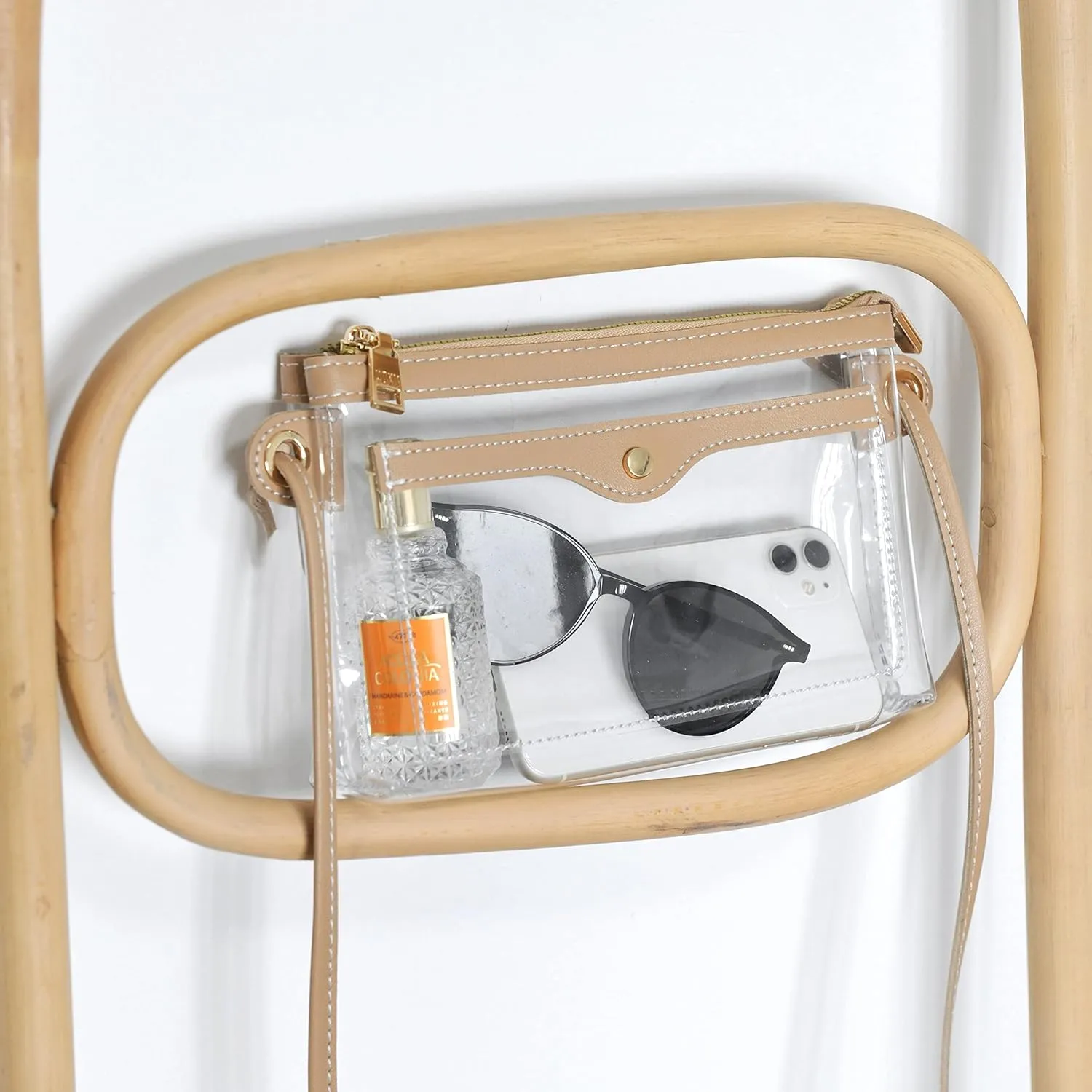 Women's Clear PVC Cross Body Bag Pocket Shoulder Bag with Vegan Leather Trim Transparent Zipper Purse Stadium Approved