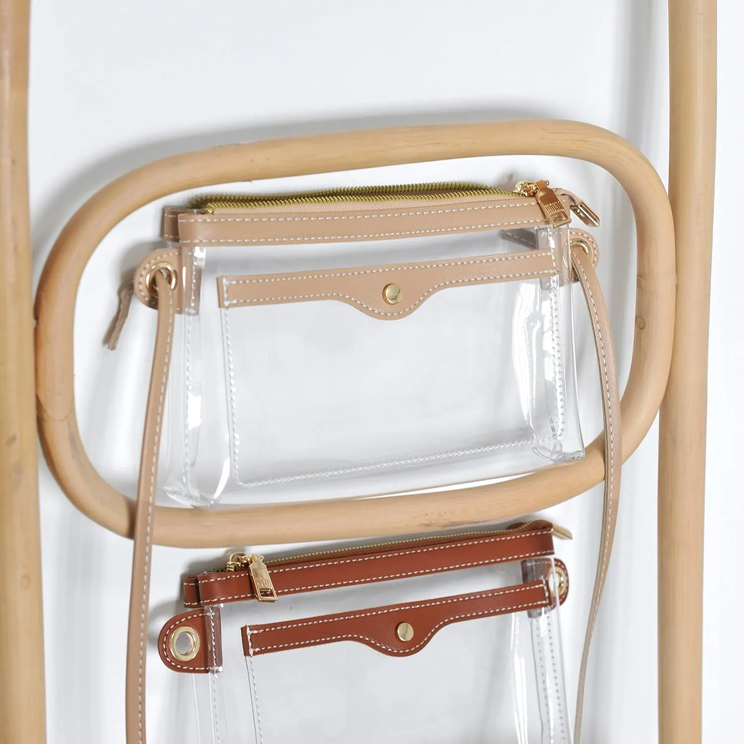 Women's Clear PVC Cross Body Bag Pocket Shoulder Bag with Vegan Leather Trim Transparent Zipper Purse Stadium Approved