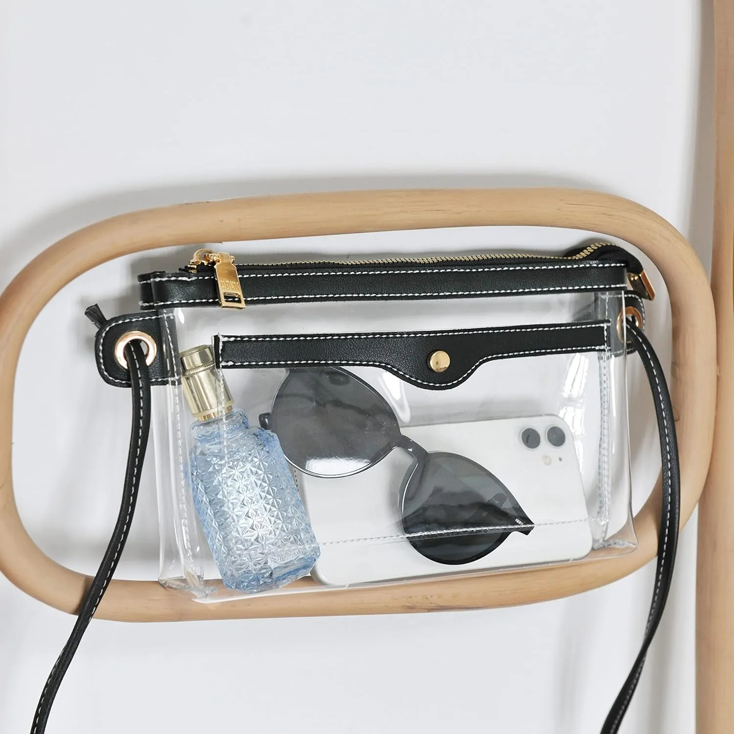 Women's Clear PVC Cross Body Bag Pocket Shoulder Bag with Vegan Leather Trim Transparent Zipper Purse Stadium Approved