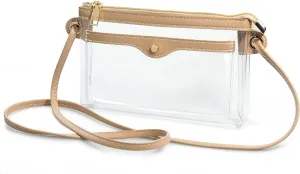 Women's Clear PVC Cross Body Bag Pocket Shoulder Bag with Vegan Leather Trim Transparent Zipper Purse Stadium Approved