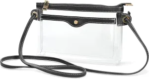 Women's Clear PVC Cross Body Bag Pocket Shoulder Bag with Vegan Leather Trim Transparent Zipper Purse Stadium Approved