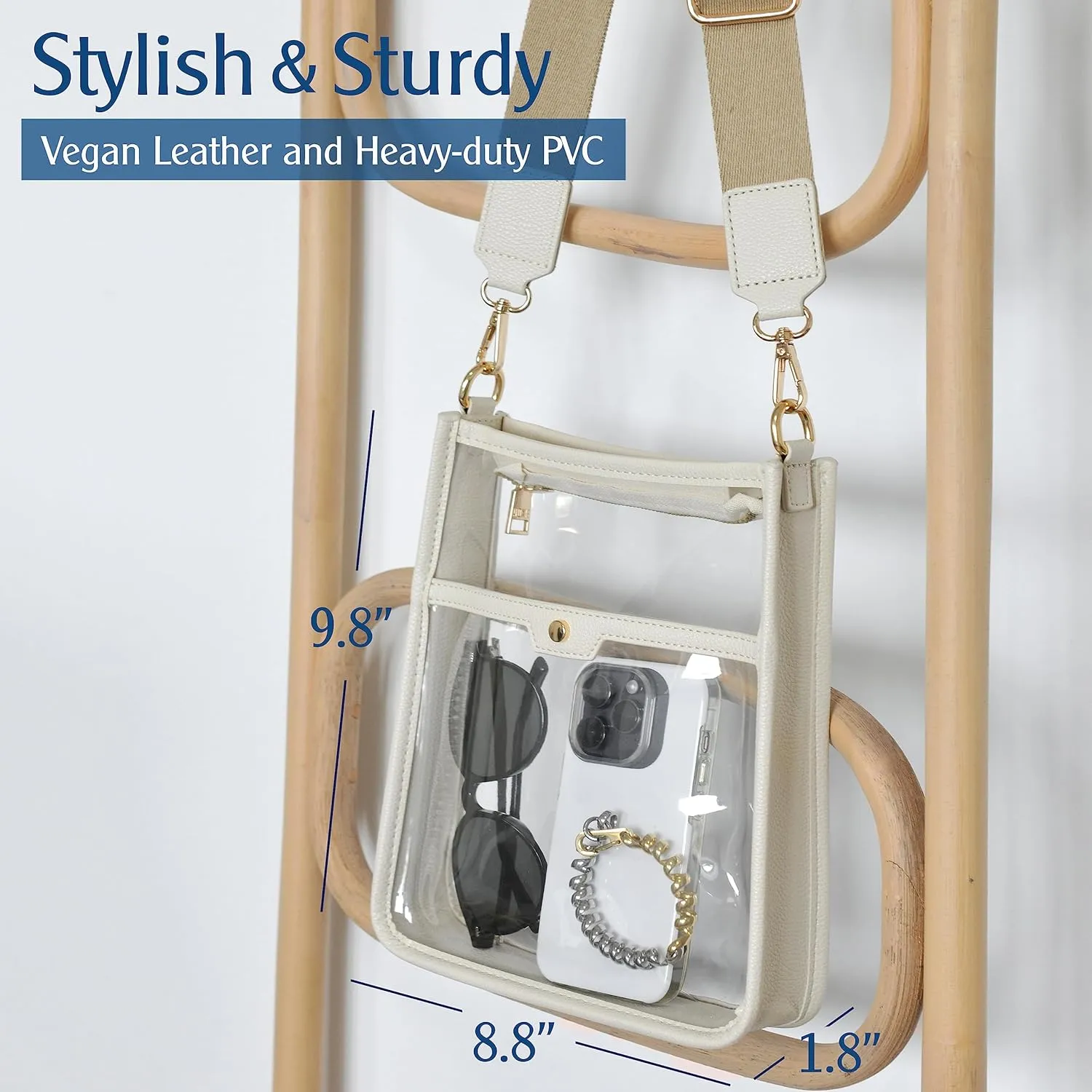 Women's Clear PVC Cross Body Bag Zipper Pocket Shoulder Bag with Vegan Leather Trim Stadium Approved Transparent Purse