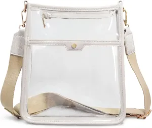 Women's Clear PVC Cross Body Bag Zipper Pocket Shoulder Bag with Vegan Leather Trim Stadium Approved Transparent Purse