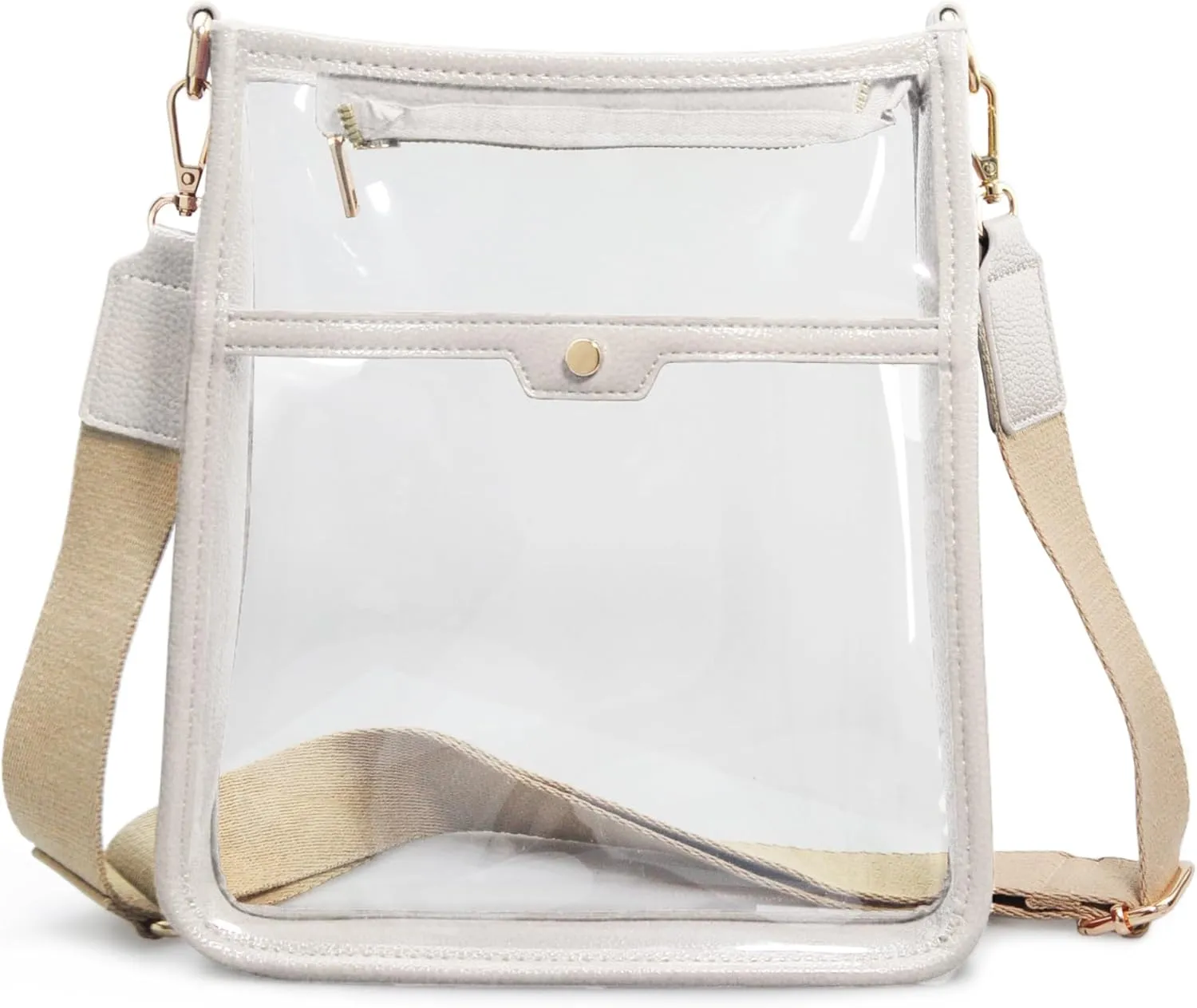 Women's Clear PVC Cross Body Bag Zipper Pocket Shoulder Bag with Vegan Leather Trim Stadium Approved Transparent Purse