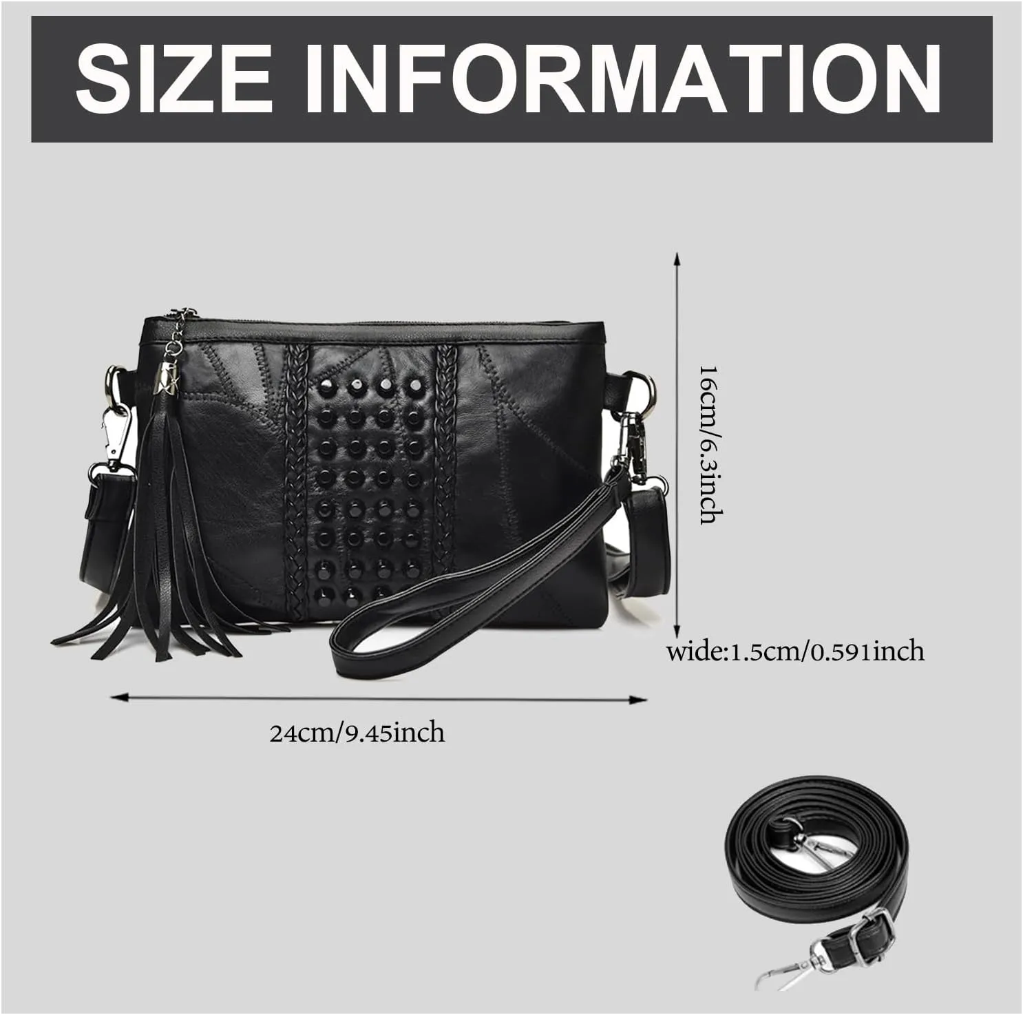 Women's Clutch Handbag Rivet Design Stylish Tassel Purse PU Leather Crossbody Bag Compact Elegant for Daily Use