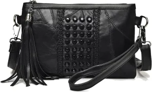 Women's Clutch Handbag Rivet Design Stylish Tassel Purse PU Leather Crossbody Bag Compact Elegant for Daily Use