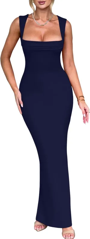 Women's Elegant Sleeveless Square Neck Bodycon Ruched Long Evening Party Dress