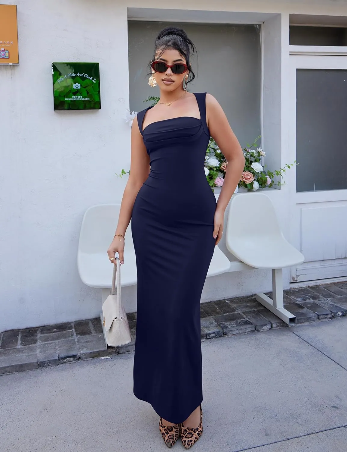 Women's Elegant Sleeveless Square Neck Bodycon Ruched Long Evening Party Dress