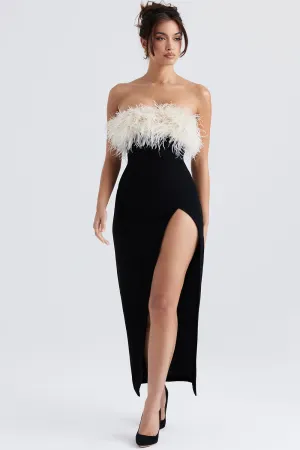 Women’s Evening Dress – Strapless Fitted Silhouette – Feather Trim – Full Length