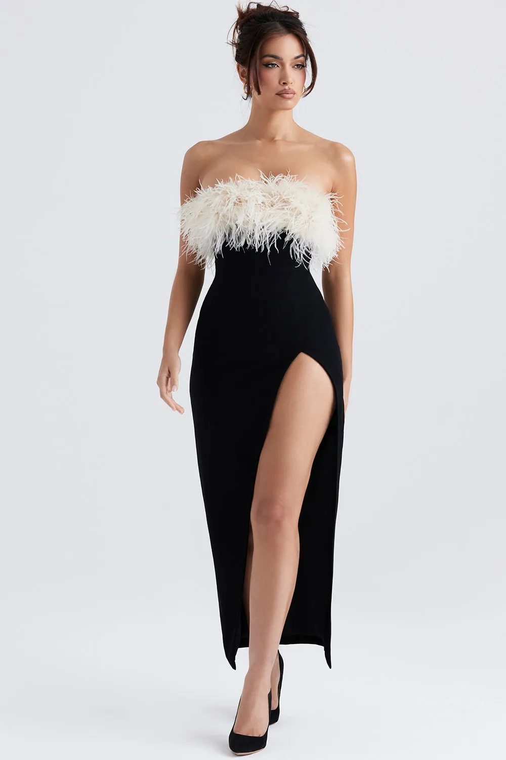 Women’s Evening Dress – Strapless Fitted Silhouette – Feather Trim – Full Length