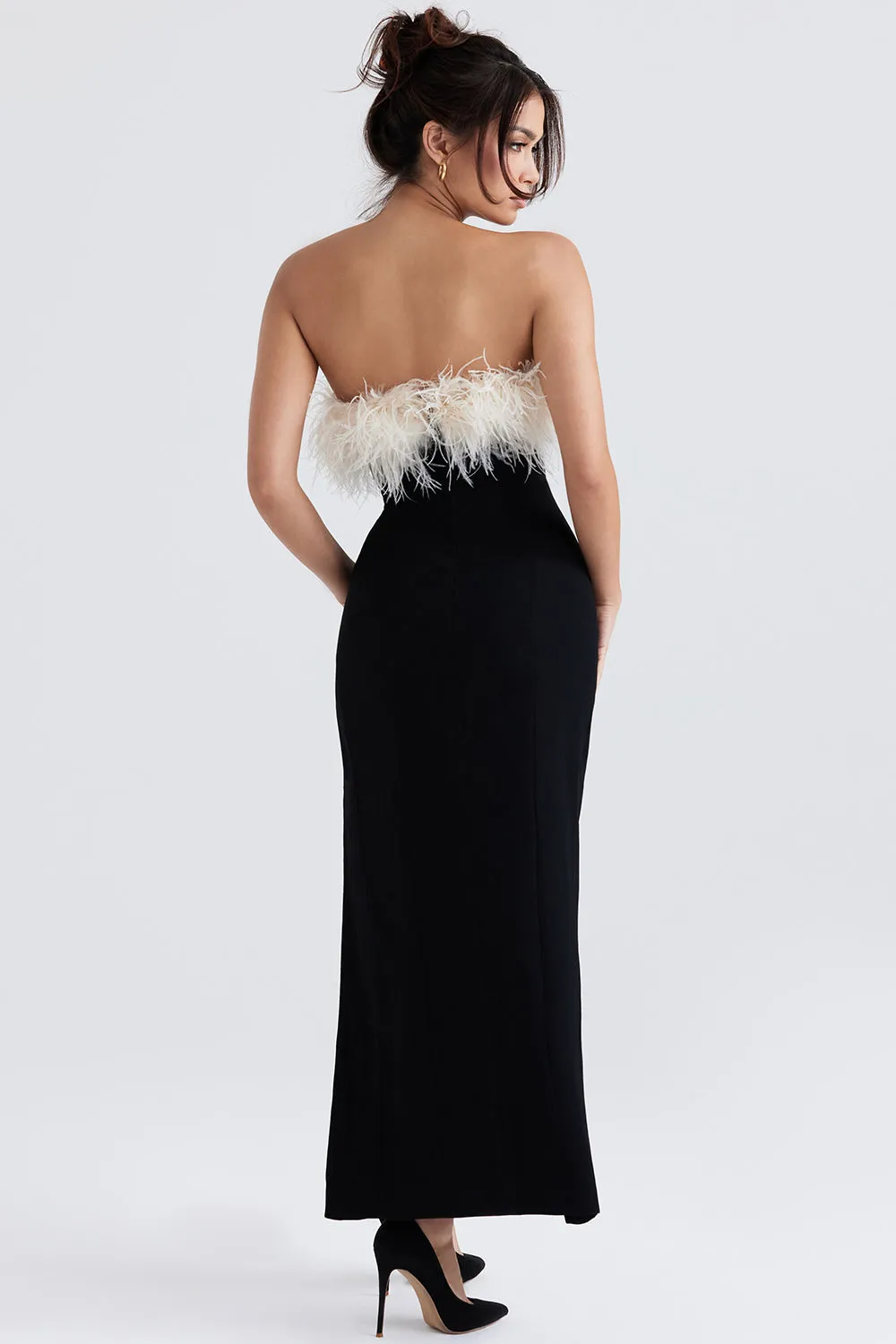 Women’s Evening Dress – Strapless Fitted Silhouette – Feather Trim – Full Length