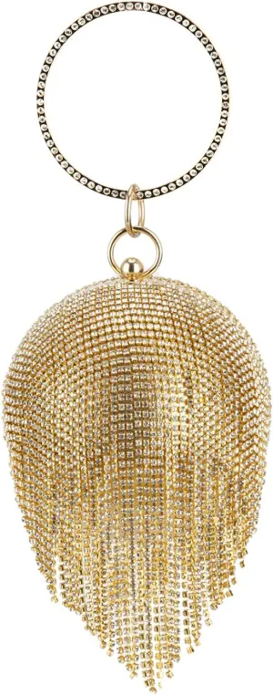 Women's Evening Round Ball Tassels Bag Diamond Clutch Purse Glitter Party Wedding Handbag with Chain