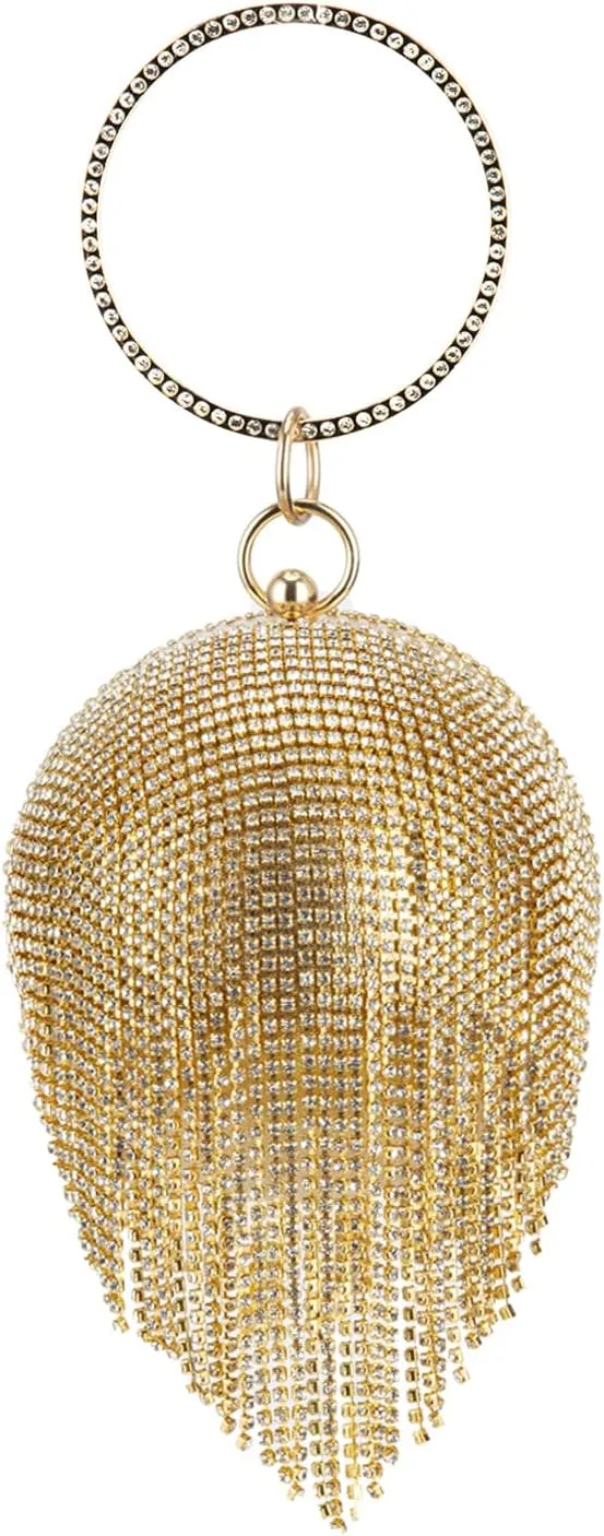 Women's Evening Round Ball Tassels Bag Diamond Clutch Purse Glitter Party Wedding Handbag with Chain