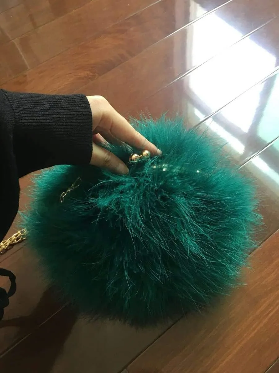 Women's Faux Fluffy Feather Round Clutch Shoulder Bag