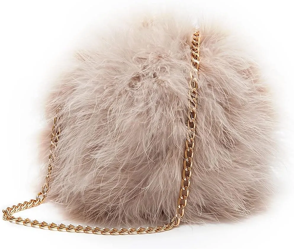 Women's Faux Fluffy Feather Round Clutch Shoulder Bag