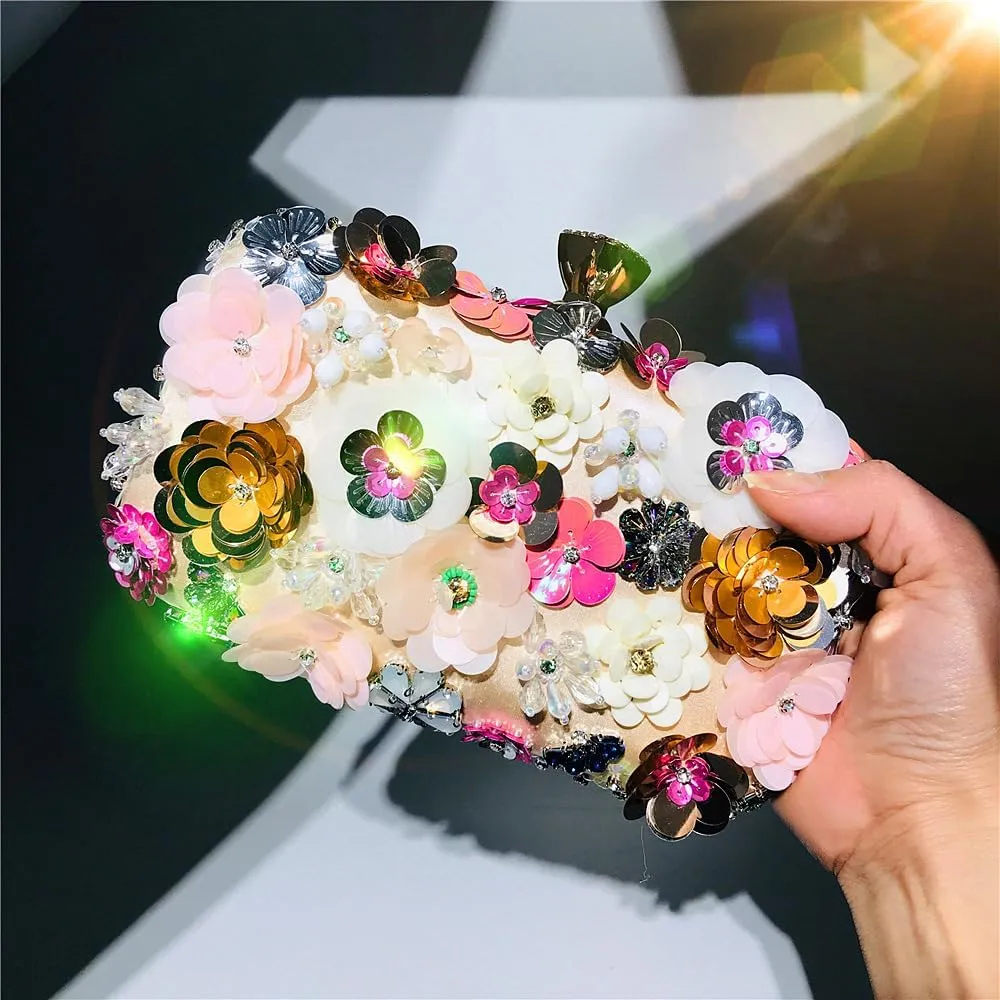 Women's Floral Evening Bag,Flower Beads Clutch Handbag with Chain Strap Shoulder Bag for Formal Party Wedding