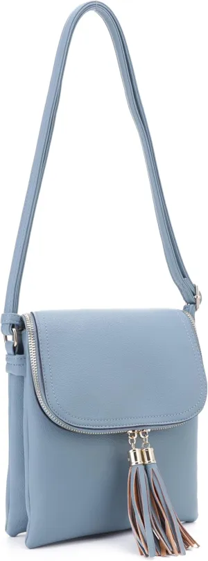 Women's Multi Compartment Magnetic Closure Flap Crossbody with Tassel Zipper