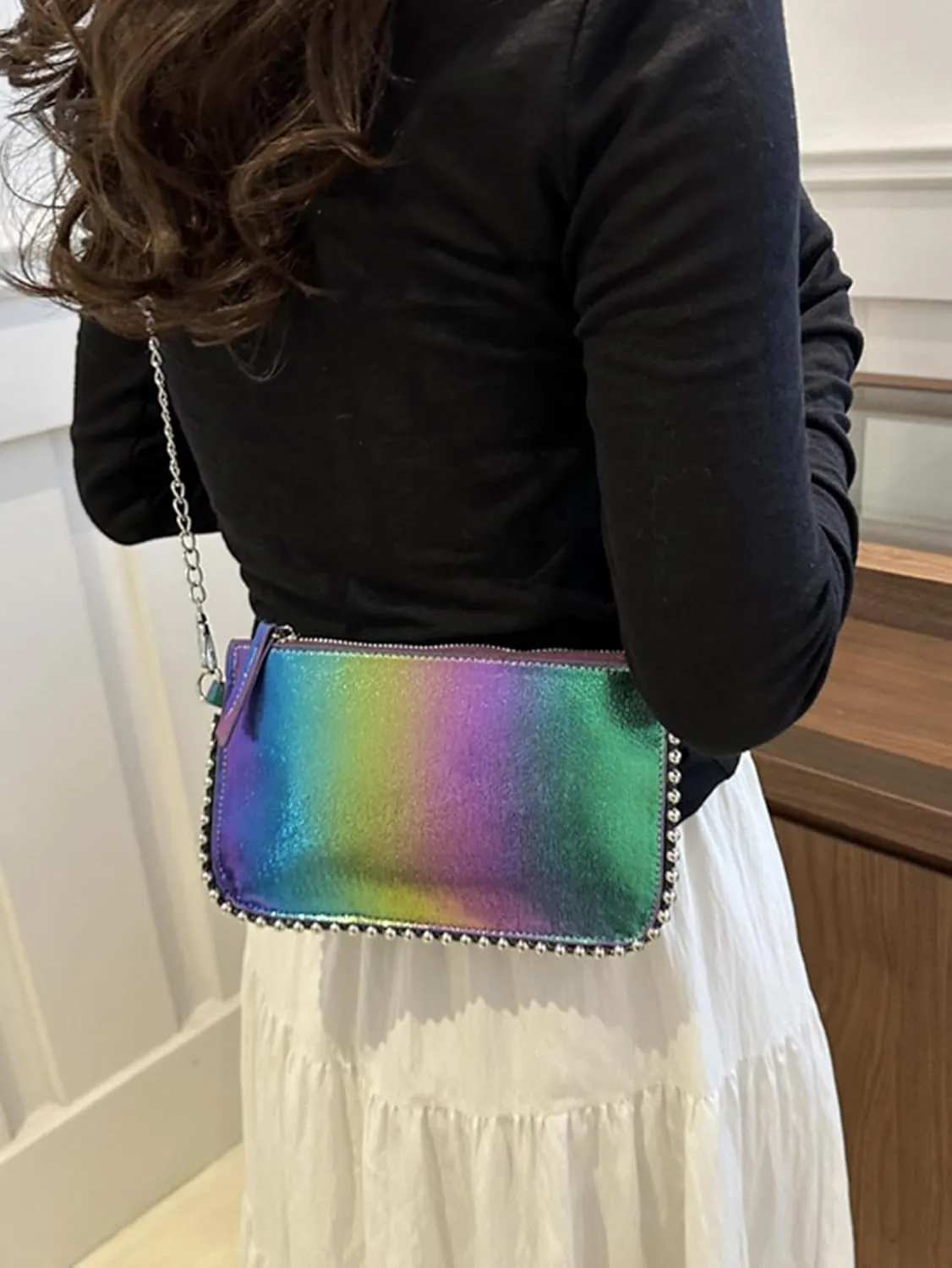 Women's Rainbow Underarm Clutch Purse Y2K Beaded Shoulder Handbags Crossbody Bags With Chain