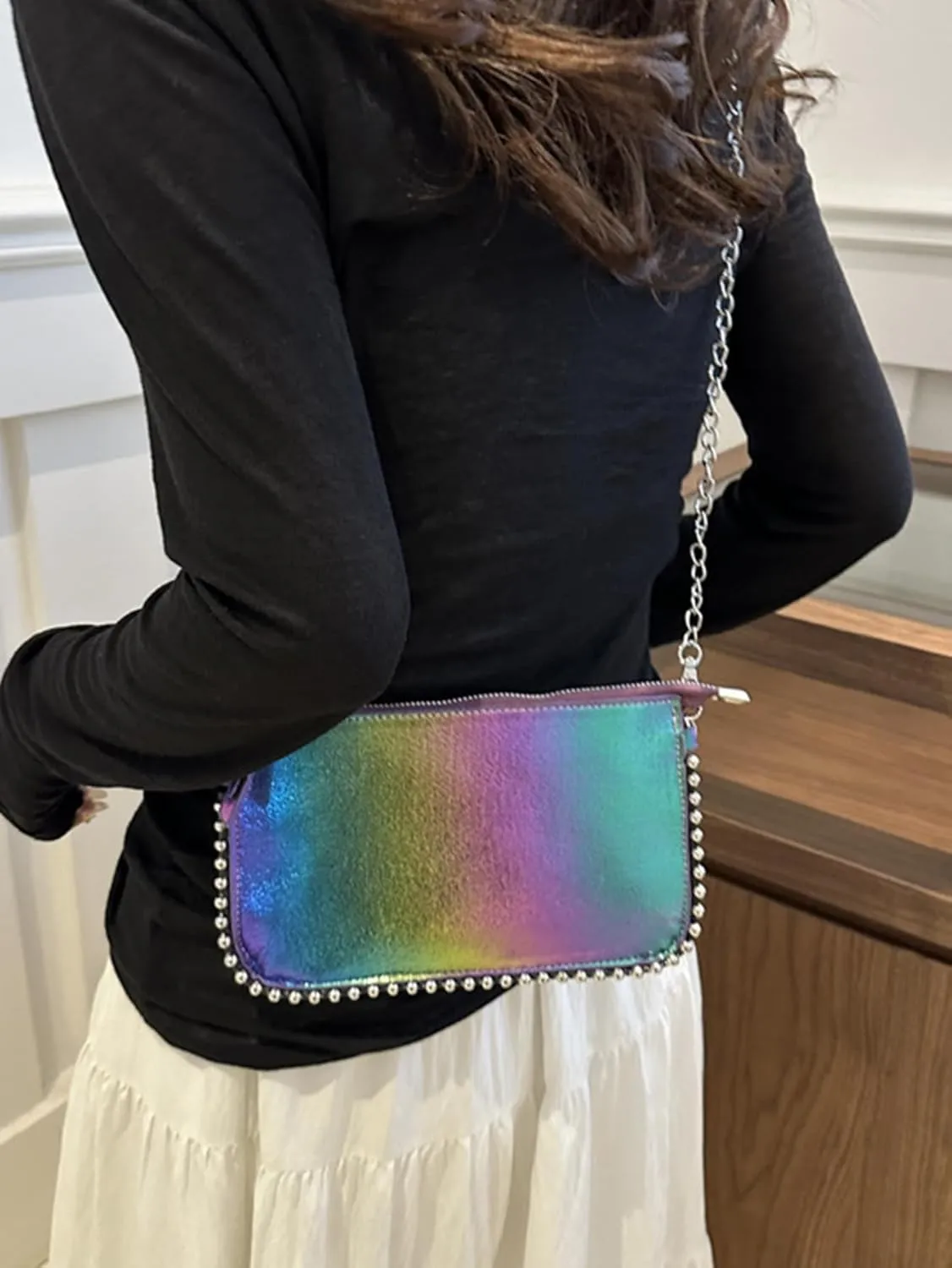 Women's Rainbow Underarm Clutch Purse Y2K Beaded Shoulder Handbags Crossbody Bags With Chain