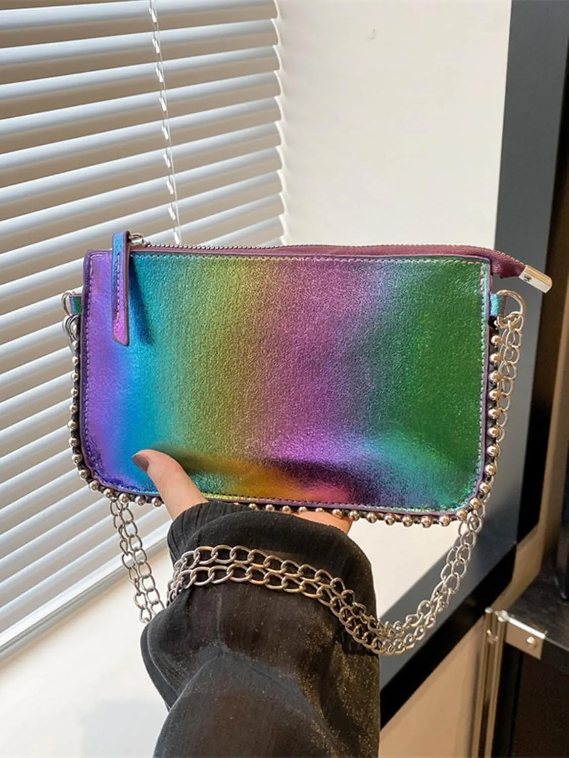 Women's Rainbow Underarm Clutch Purse Y2K Beaded Shoulder Handbags Crossbody Bags With Chain