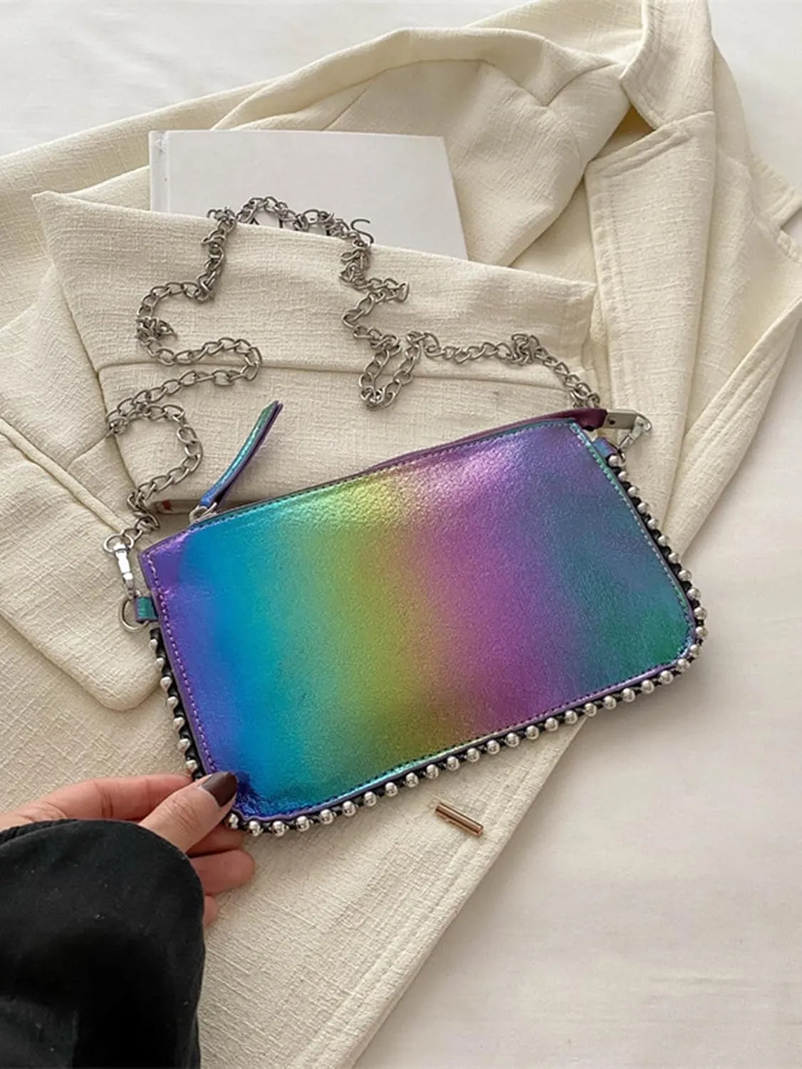 Women's Rainbow Underarm Clutch Purse Y2K Beaded Shoulder Handbags Crossbody Bags With Chain