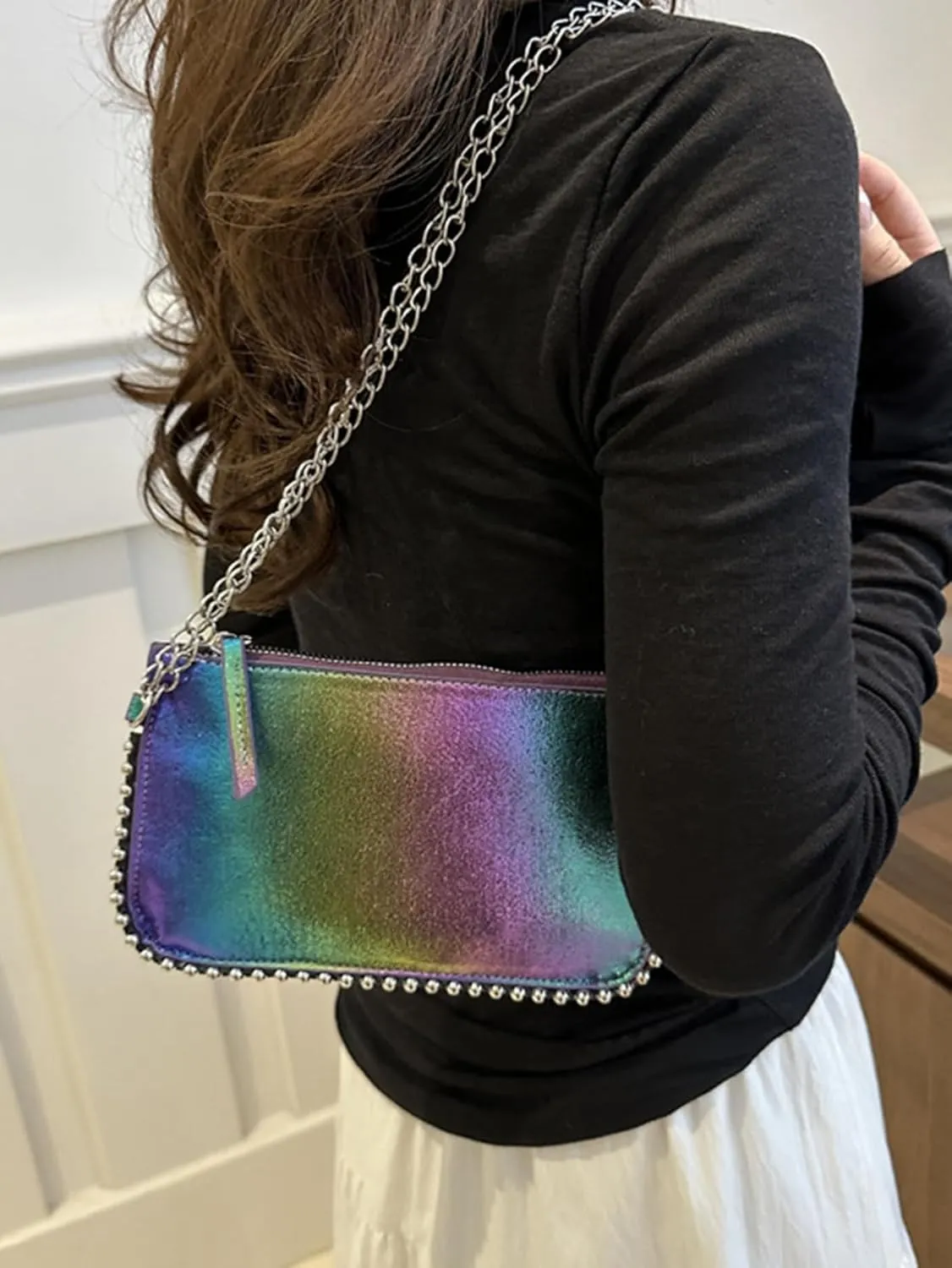 Women's Rainbow Underarm Clutch Purse Y2K Beaded Shoulder Handbags Crossbody Bags With Chain