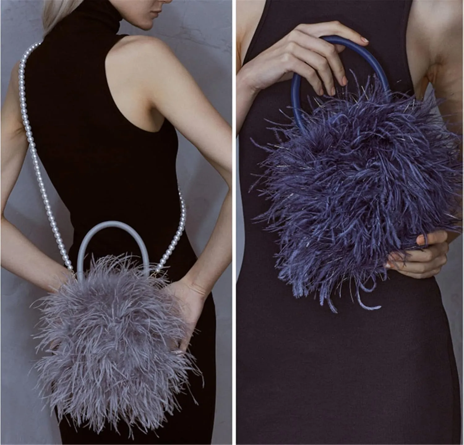 Women's Real Ostrich Feather Evening Purse Handbag Clutch, Party Gift Wool Bag Wallet Tote For Winter