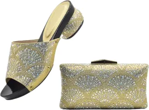 Women's Round Toe African Shoe & Bag Set - Rhinestone Pumps & Clutch for Nigerian Weddings and Parties
