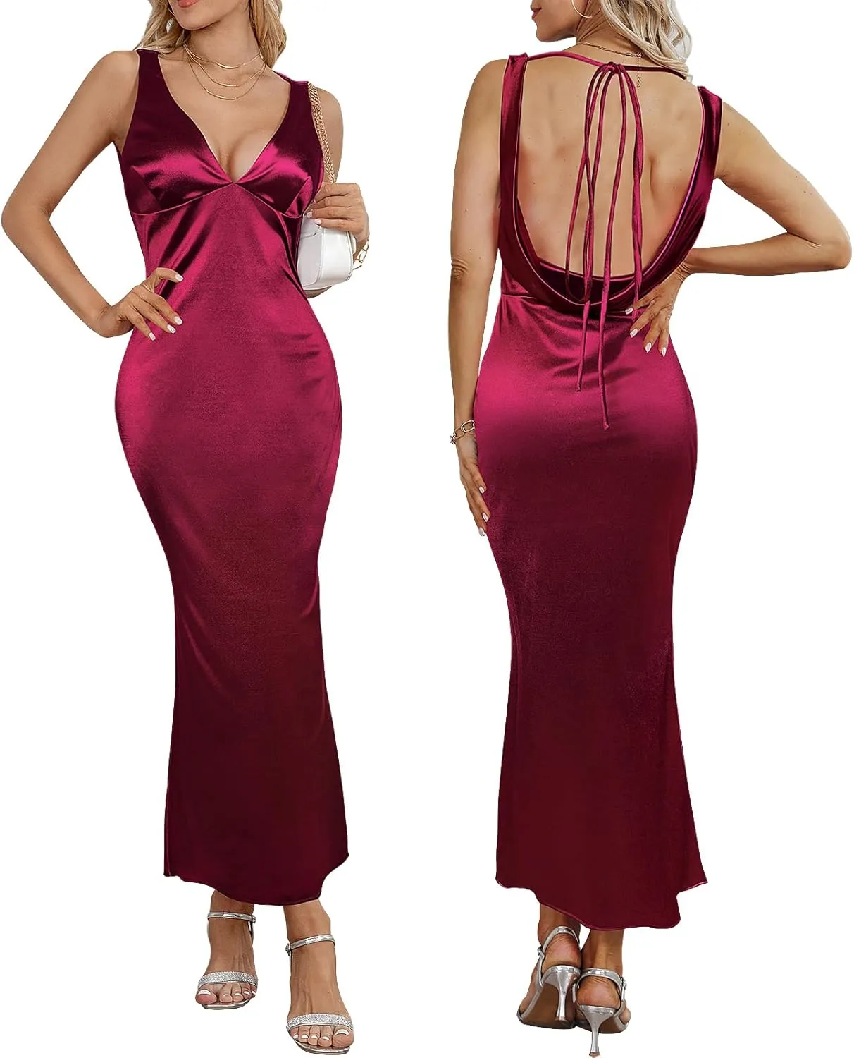 Women's Satin Elegant Maxi Dress V-Neck Sleeveless Backless Bodycon Long Dress Mermaid Formal Cocktail Wedding Guest Dresses