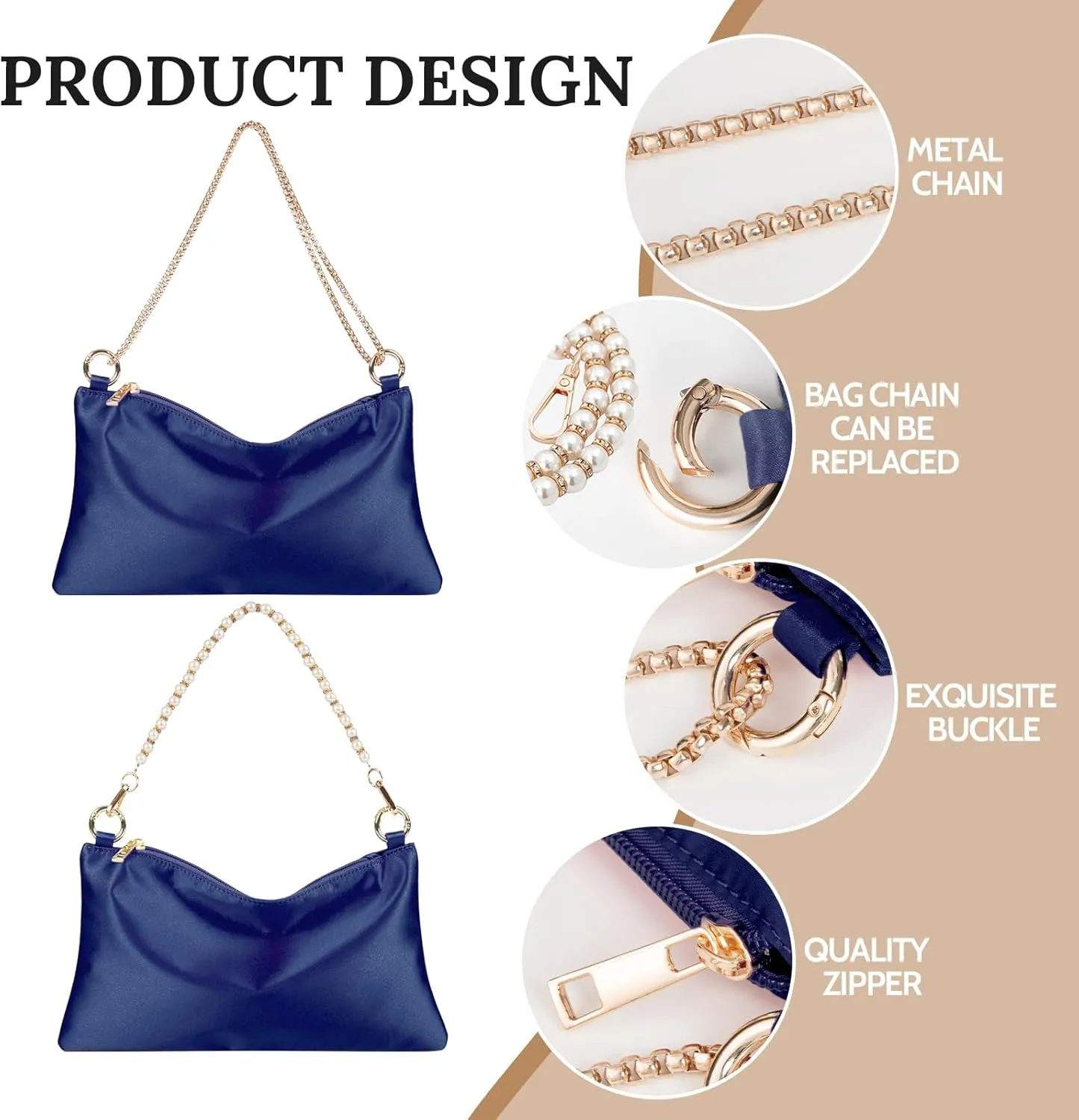 Women’s Satin Evening Bag Clutch Purse Handbag for Women Wedding Shoulder Bag with 2 Chains for Formal Cocktail Party