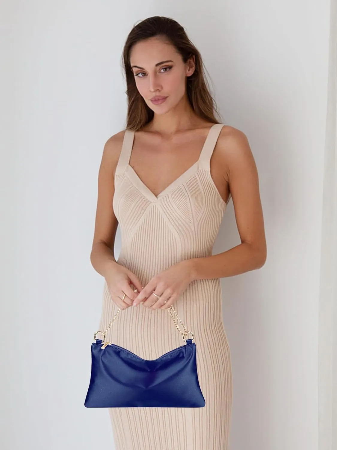 Women’s Satin Evening Bag Clutch Purse Handbag for Women Wedding Shoulder Bag with 2 Chains for Formal Cocktail Party
