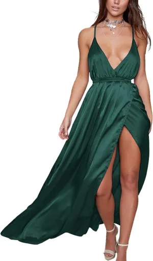 Women's Satin Formal Dress Sexy V Neck Backless Split Long Maxi Cocktail Party Wedding Guest Dress