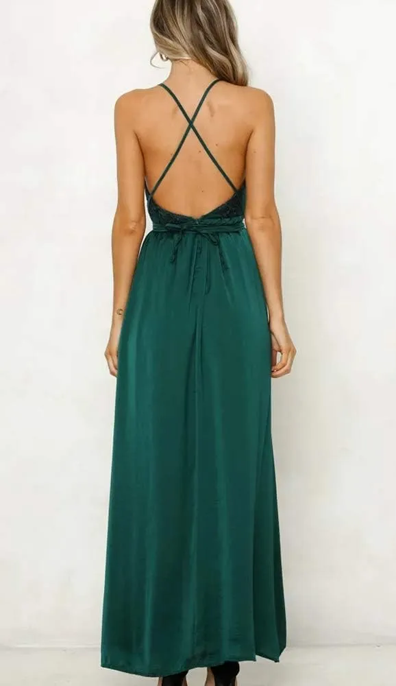 Women's Satin Formal Dress Sexy V Neck Backless Split Long Maxi Cocktail Party Wedding Guest Dress