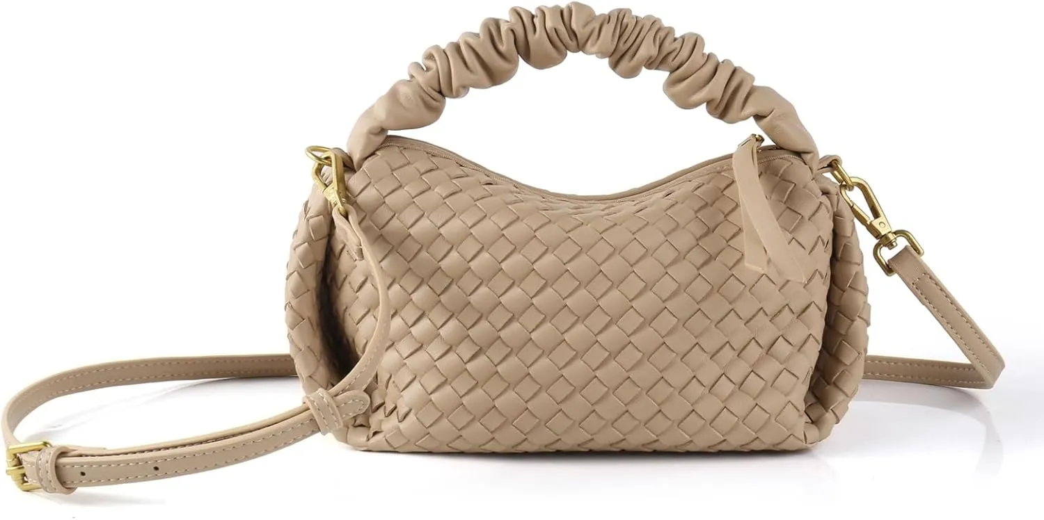 Women's Small Vegan Leather Tote Bag - Compact Woven Shoulder Purse for Daily Use, Retro Handmade Mini Bag