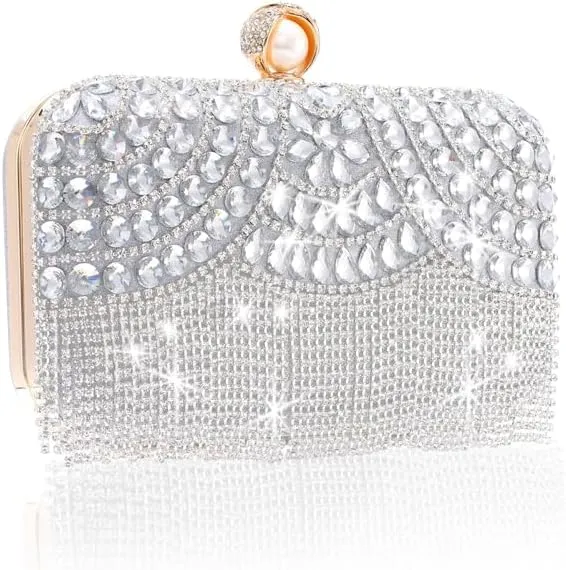 Women's Sparkly Evening Clutch Purse Rhinestone Tassel Cossbody Bag Pearl with Detachable Chain Partynight Wedding