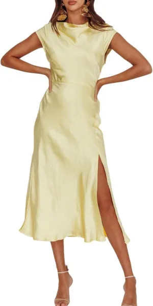 Women's Summer Satin Elegance Backless Twist Cap Sleeves Midi Dress 2025 Sexy Cowl Neck Slit Cocktail Wedding Guest Dresses
