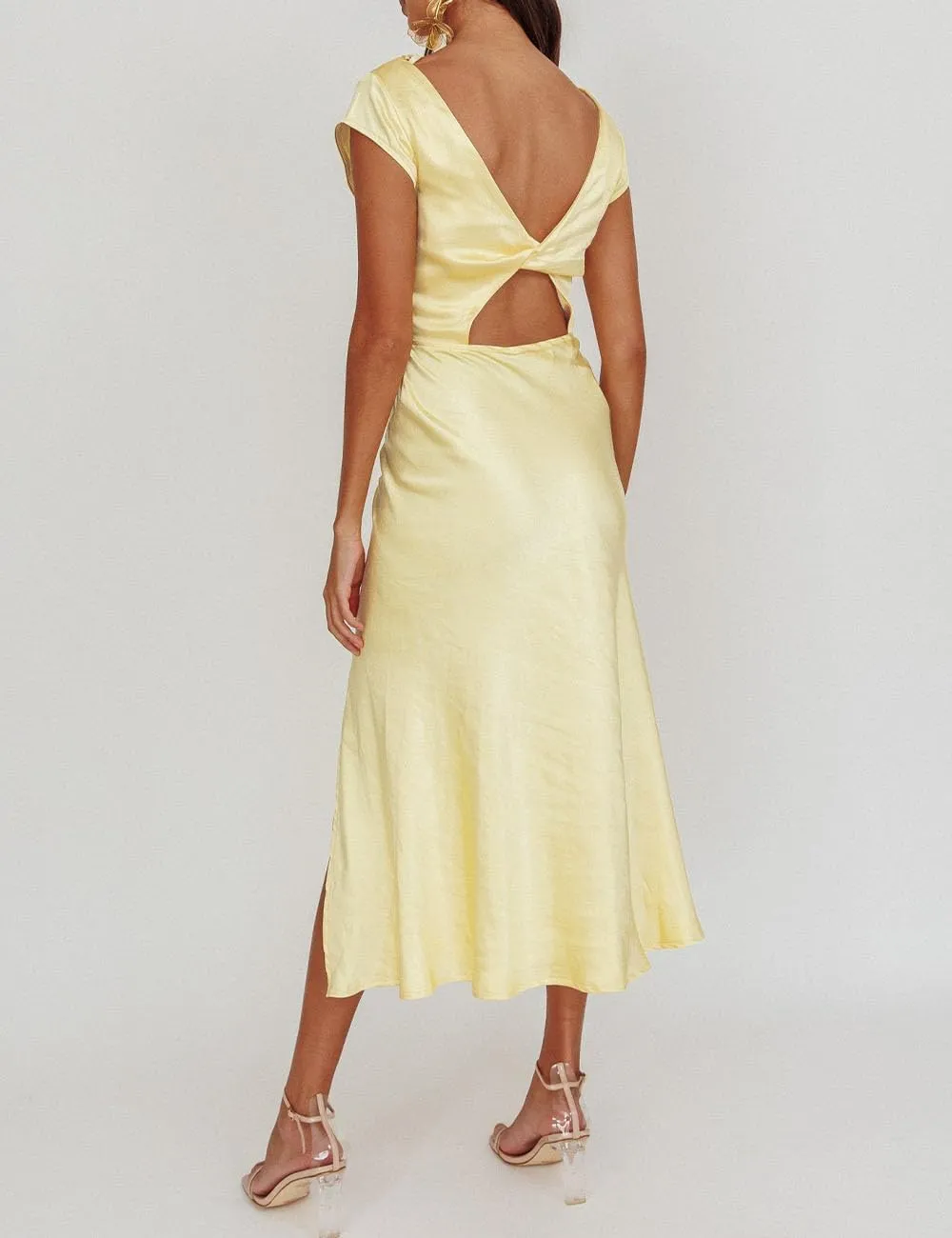 Women's Summer Satin Elegance Backless Twist Cap Sleeves Midi Dress 2025 Sexy Cowl Neck Slit Cocktail Wedding Guest Dresses